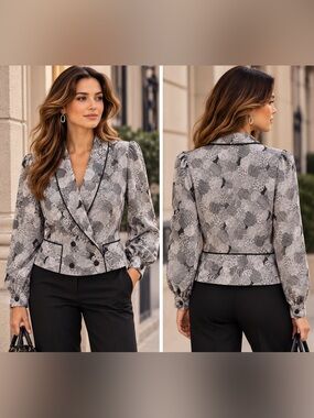 Vintage 90’s Women's Gray Patterned Double-Breasted Blouse/Jacket Black Trim